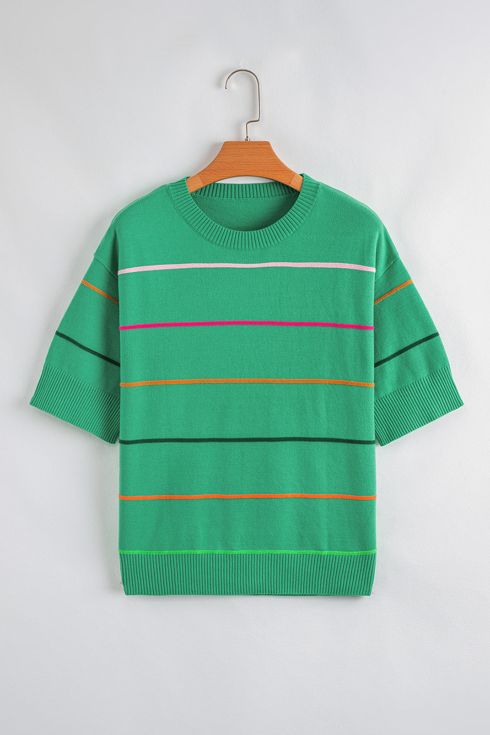 Pink Colorblock Striped Half Sleeve Drop Shoulder Sweater