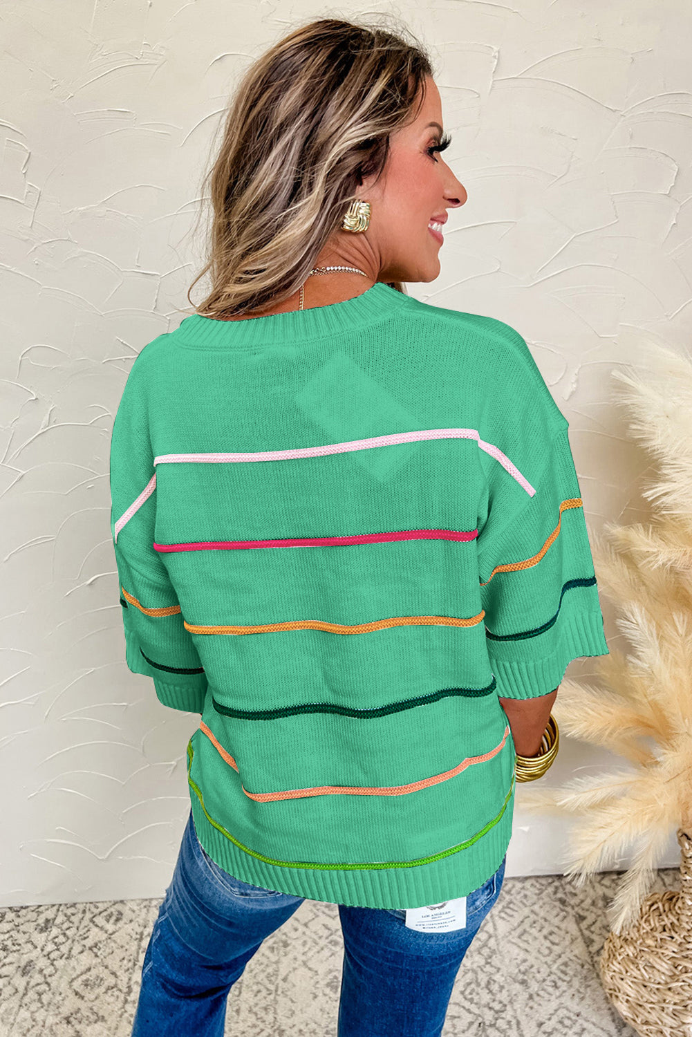 Pink Colorblock Striped Half Sleeve Drop Shoulder Sweater