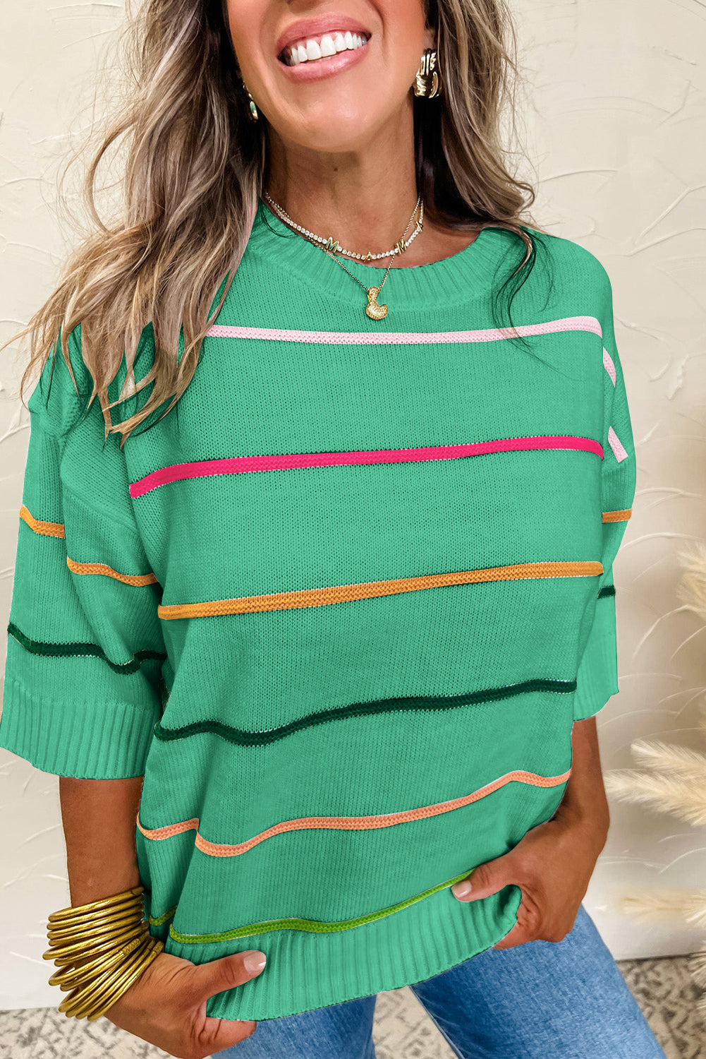 Pink Colorblock Striped Half Sleeve Drop Shoulder Sweater